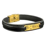 دستبند چرم مشکی طرح هندسی طلایی - Image 7