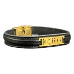 دستبند چرم مشکی طرح هندسی طلایی - Image 8