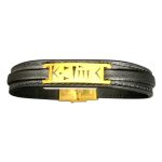 دستبند چرم مشکی طرح هندسی طلایی - Image 9