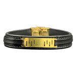دستبند چرم مشکی طرح خطوط طلایی