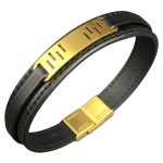 دستبند چرم مشکی طرح خطوط طلایی - Image 8