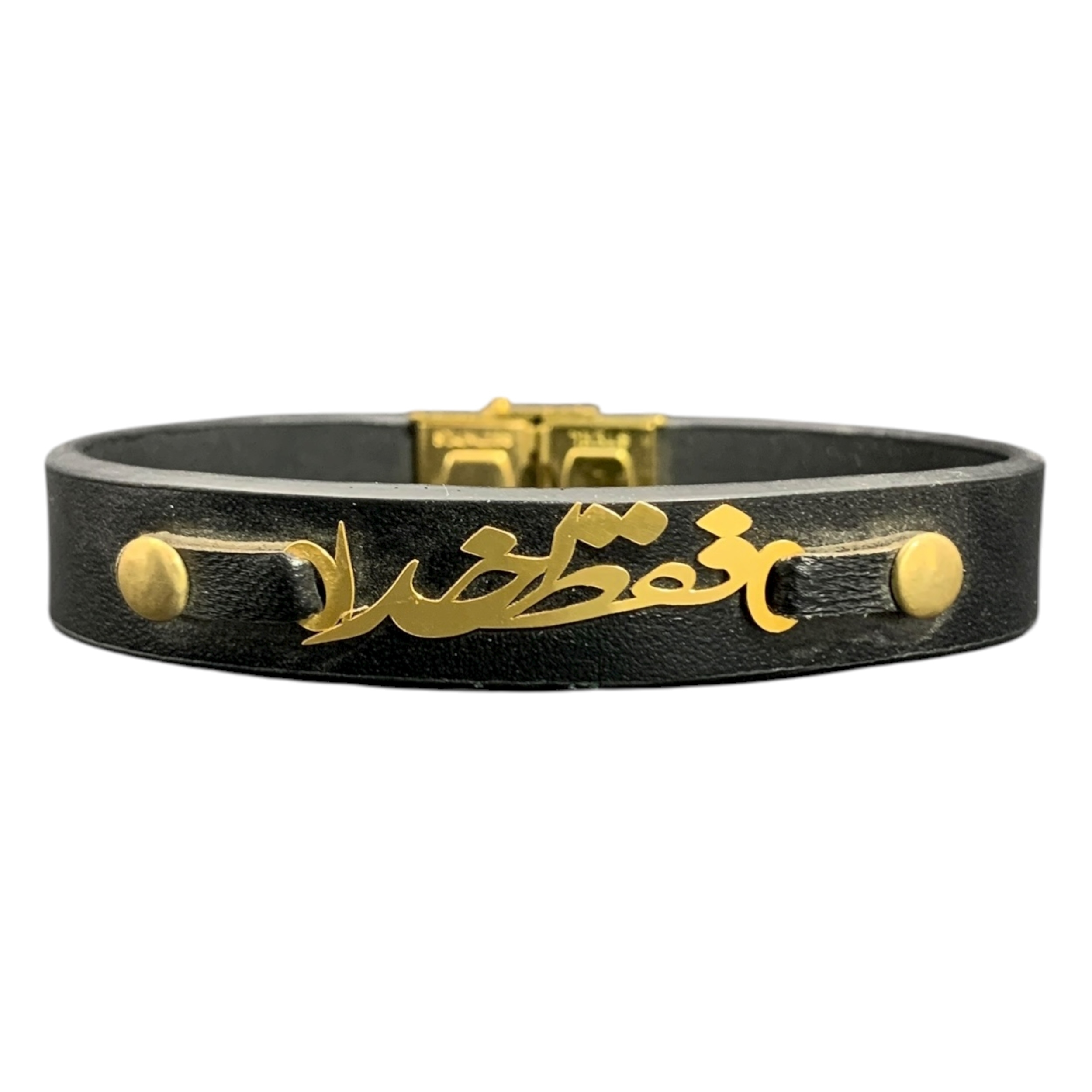 black-leather-only-god-bracelet-mahan-gold (1) دستبند چرم مشکی فقط خدا - Image 1